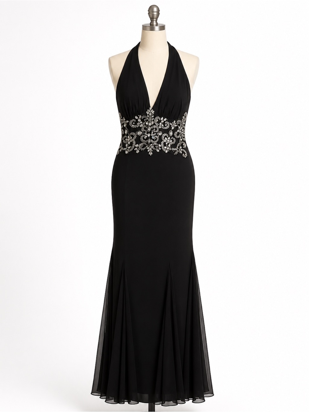 Windsor Black Halter Evening Gown with Crystal Embellished Waist